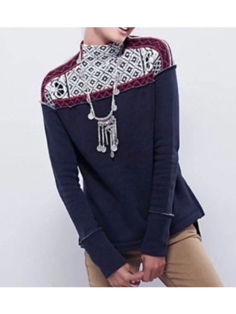 Free People Snow Bunny Fair Isle Mixed Media Black Sweatshirt Top Sweater XL L